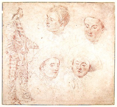 キャラクターと4つの頭（紙に赤いチョーク） 作： Jean Antoine Watteau