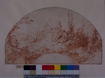 羊飼いの女性とその配偶者（白紙に赤チョーク 作： Jean Antoine Watteau