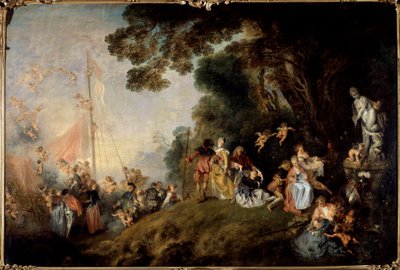 サイテー島への乗船。ジャン・アントワーヌ・ワトー（1684-1721）の絵画 作： Jean Antoine Watteau