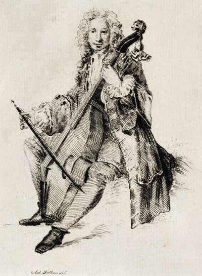 チェロ奏者、ジャン・アントワーヌ・ワトー（1684-1721）作、エングレーヴィング、フランス 作： Jean Antoine Watteau