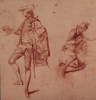 立っている青年とひざまずいている青年のドローイング（クレヨン紙 作： Jean Antoine Watteau