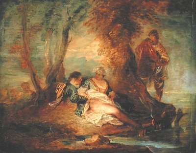 風景の中の人物」1700年頃（パネルに油彩） 作： Jean Antoine Watteau