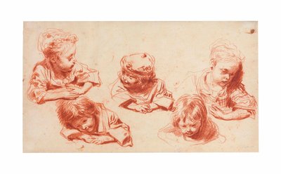 子供の5つの研究（紙に赤いチョーク） 作： Jean Antoine Watteau