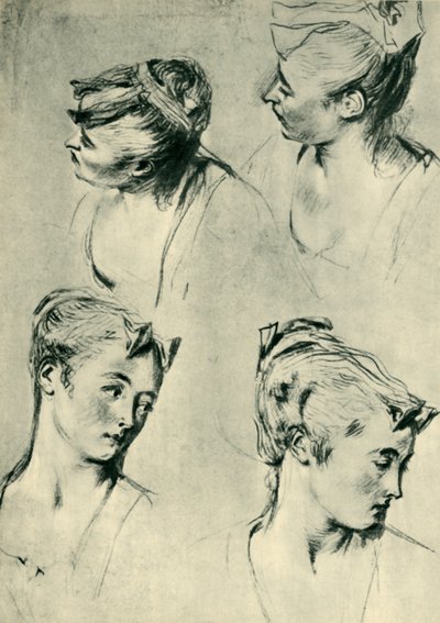 女性の頭部に関する4つの研究、18世紀初頭、1943年。 作： Jean Antoine Watteau