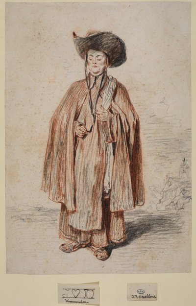 修道士、立っている（紙にグラファイトとチョーク） 作： Jean Antoine Watteau