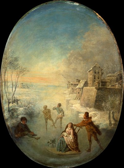 冬の城壁に囲まれた町の氷上のジェントルフォーク (オイル) 作： Jean Antoine Watteau