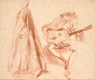 ギターを弾く男と一緒に左横向きに立つ少女 18世紀初頭 作： Jean Antoine Watteau