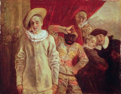 ハーレクイン、ピエロ、スキャピン、コメディアデラルテの俳優 作： Jean Antoine Watteau