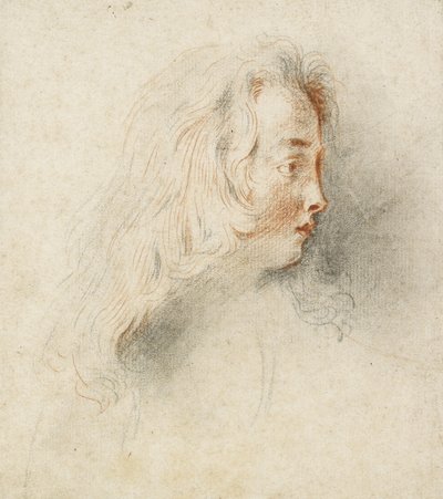 横顔の少年の頭（汚れたオフホワイトの紙に黒と赤のチョーク） 作： Jean Antoine Watteau