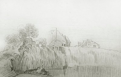 急な崖の端にある家（紙に赤いチョーク） 作： Jean Antoine Watteau