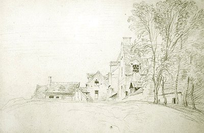 木々に囲まれた道路沿いの風景（紙に赤いチョーク） 作： Jean Antoine Watteau
