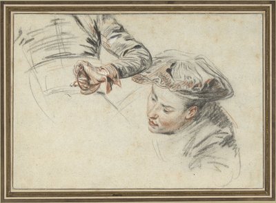 ベレー帽と柄に手を持つ男の頭 作： Jean Antoine Watteau