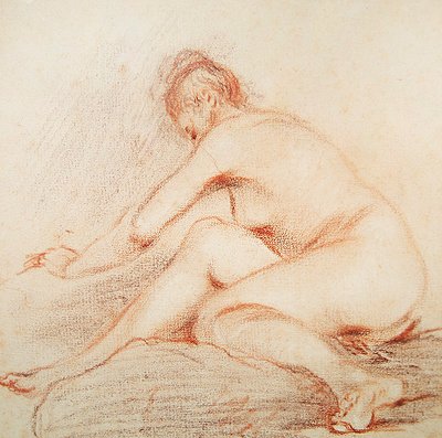 ヌードウーマン（紙に木炭と赤いチョーク） 作： Jean Antoine Watteau