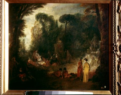 公園でのパーティー ピクニック、会話、森の中の散歩。ジャン・アントワーヌ・ワトー（1684-1721）の絵画で、1712-1713年頃の作品。キャンバスに油彩。薄さ：48x55cm。マドリード、プラド美術館 作： Jean Antoine Watteau