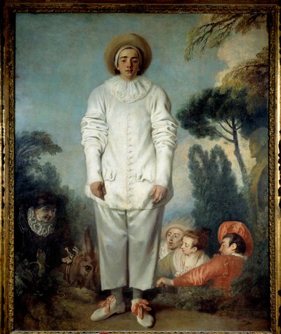 かつてジルと呼ばれていたピエロ。(コメディア・デラルテのペドロリーノ)。ジャン・アントワーヌ・ワトー（1684-1721）の絵 作： Jean Antoine Watteau