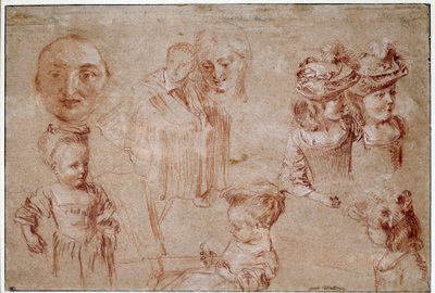 ピエロの仮面、胸像の5人の少女、男のドレープ、女の顔。ジャン・アントワーヌ・ワトー（1684-1721）による血と白亜の垣根のデッサン 18世紀 日0.27x0.4 m パリ、ルーヴル美術館 作： Jean Antoine Watteau