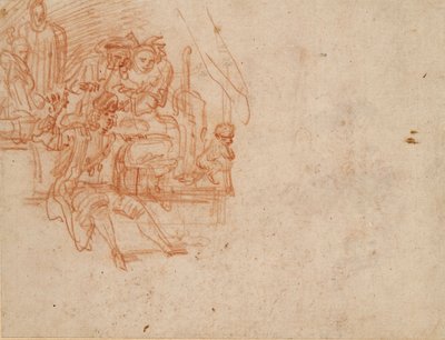 ステージに座って品物を売るいんちき医者、4 体の人物と 1 匹の猿、c1700-1720。 作： Jean Antoine Watteau