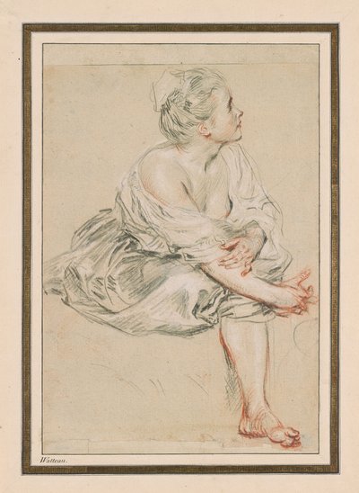 着席した若い女性、c。 1716年（紙に黒、赤、白のチョーク） 作： Jean Antoine Watteau