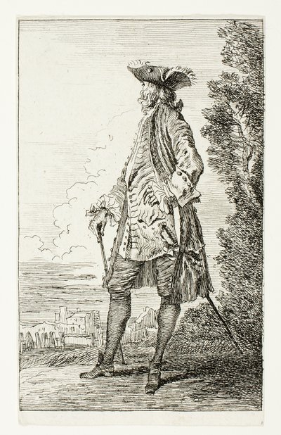 帽子をかぶった立ち姿の男、左向き（「モード人物」より 作： Jean Antoine Watteau