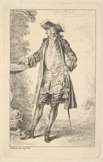右手が洗面器で休んでいる立っている男。 1710年。 作： Jean Antoine Watteau