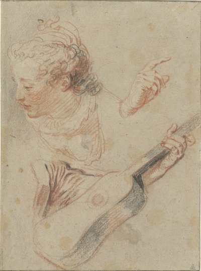 うつ伏せの女の子の頭、ギターとそれらを演奏する手の学習シート 作： Jean Antoine Watteau