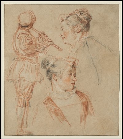 フルート奏者と二人の女性の研究、c.1717 作： Jean Antoine Watteau