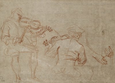腕を持っている2人のヴァイオリニストと1組の手の研究（紙に赤と白のチョーク） 作： Jean Antoine Watteau