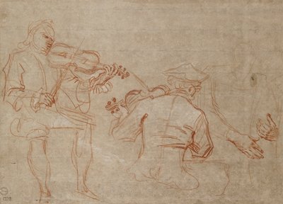 1716年頃、右側に腕を持つ2人のバイオリニストと一対の手の習作 作： Jean Antoine Watteau