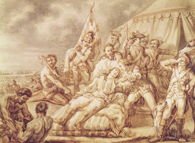 モンカルム・ド・サン＝ヴェラン侯爵の死（1712-59）（紙とボディカラーのペンとインクで洗う） 作： Jean Antoine Watteau