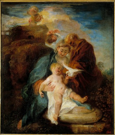 聖家族、エジプトへの飛行中の休息 ジャン・アントワーヌ・ワトー（1684-1721）の絵画 18世紀 サンクトペテルブルク、エルミタージュ美術館 作： Jean Antoine Watteau