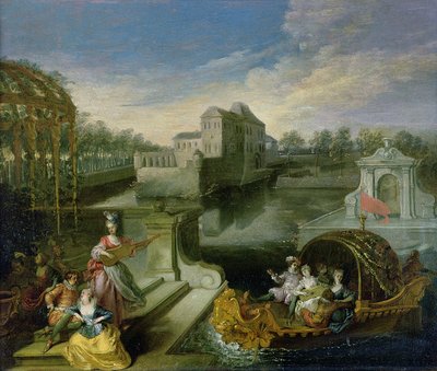 春：ボートに数字を入れたウォーターガーデンのフェットシャンペトル 作： Jean Antoine Watteau
