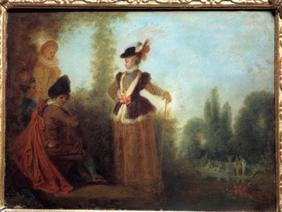 The adventurere 旅の装いをした粋な若い女性。ジャン・アントワーヌ・ワトー（1684-1721）作 18世紀 トロワ美術館蔵 作： Jean Antoine Watteau