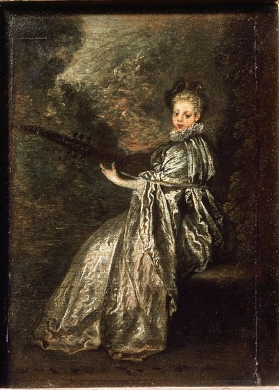 弦楽器を弾くフィネットの少女 - 油彩・キャンバス 作： Jean Antoine Watteau