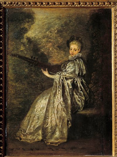 弦楽器を演奏するフィネットの少女。ジャン・アントワーヌ・ワトー（1684-1721）の絵画 18世紀 日0.25×0.19m 作： Jean Antoine Watteau