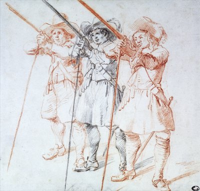 3つのArquebusiers、1712（紙に黒と赤のチョーク） 作： Jean Antoine Watteau