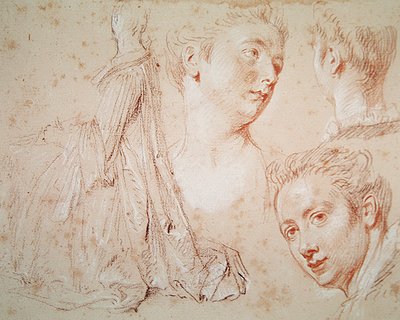 3つの頭と座る女、1716年頃（紙に黒と赤のチョークが描かれたクレヨン） 作： Jean Antoine Watteau