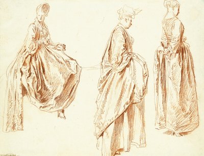 右側に横向きの3人の女性、1人が着席、c.1713-14 作： Jean Antoine Watteau