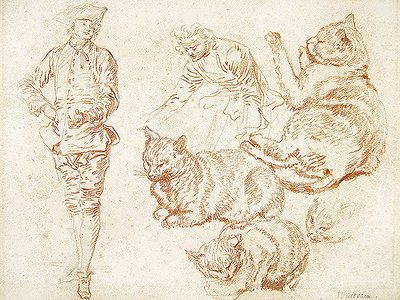 二人の男と四匹の猫（紙に赤いチョーク） 作： Jean Antoine Watteau