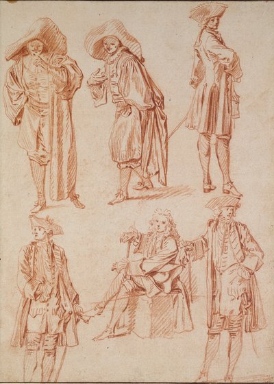 イタリア喜劇の医師と 4 人の将校に関する 2 つの習作、18 世紀 作： Jean Antoine Watteau