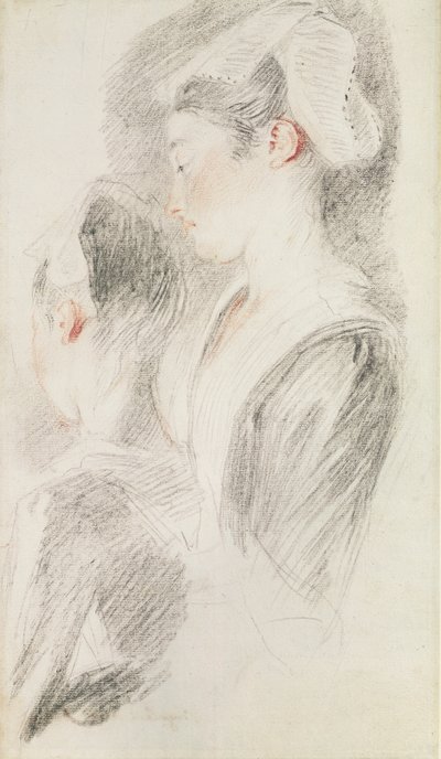 女性の2つの研究、後ろから4分の3、横向きに1つ（紙に黒のチョークとチョーク） 作： Jean Antoine Watteau