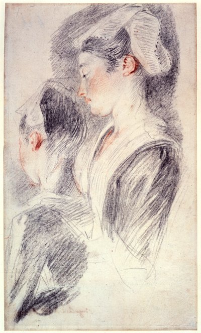 1716-18年の若い女性の頭に関する2つの研究 作： Jean Antoine Watteau