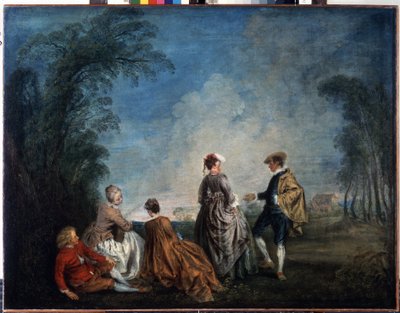恥ずかしい提案。 ジャン アントワーヌ ヴァトー (1684-1721) の絵画。 キャンバスに油彩、65 x 84.5 cm 作： Jean Antoine Watteau