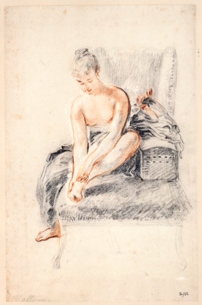 若い女性、ヌード、片足を手に持つ、1716〜18年。 作： Jean Antoine Watteau