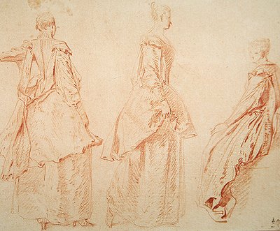 3人の女性、1人は右側に座っている（紙に赤いチョーク） 作： Jean Antoine Watteau