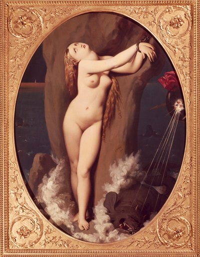 ジャン・オーギュスト・ドミニク・イングレス（1780-1867）の鎖につながれたアンジェリカ、キャンバスに油彩、97x75 cm、アンジェリカを救うルッジェーロの最初のバージョン 作： Jean Auguste Dominique Ingres