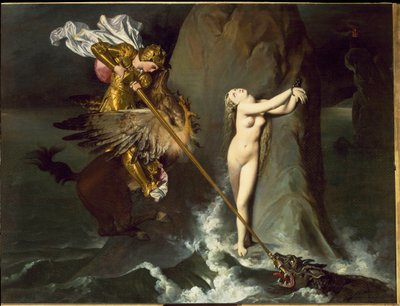 ロジャー（ルッジェーロ、Ruggiero）がカバの爪に乗って解放されるアンジェリカ（Ludovico Ariosto著『Orlando furioso』より） - 油彩・キャンバス 作： Jean Auguste Dominique Ingres