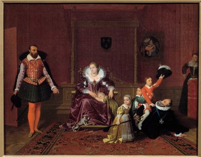 スペイン大使の前で子供たちと遊ぶフランス王アンリ4世（1553-1610） 中央はメディシス家の王妃マリー、子供たちはルイ13世、フランスのエリザベス、フランスのクリスティーヌ、ニコラ。ジャン・オーギュスト・ドミニク・イングによる絵画 作： Jean Auguste Dominique Ingres