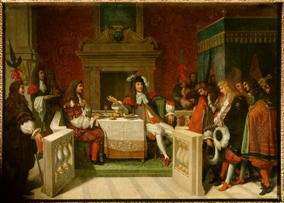 ルイ14世とモリエール国王ルイ14世（1638-1715）とジャン・バティスト・ポケリン・ディット・モリエール（1622-1673）が、宮廷人の前でテーブルについている様子。ジャン・オーギュスト・ドミニク・アングル（1780-1867）の絵画 作： Jean Auguste Dominique Ingres