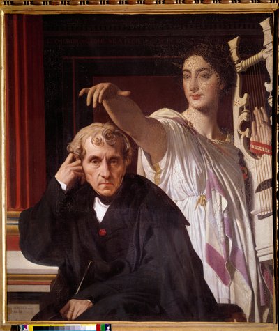 イタリアの作曲家ルイジ・ケルビーニ(1760 - 1842)の肖像で、叙情詩のミューズが描かれています。ジャン・ドミニク・アングル（1780-1867）の絵画 作： Jean Auguste Dominique Ingres