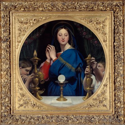 宿主を拝む処女。ジャン・オーギュスト・ドミニク・アングル（1780-1867）の絵画 作： Jean Auguste Dominique Ingres
